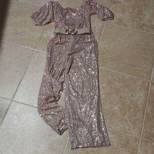 Sequin Jumpsuit with Belt - Gold